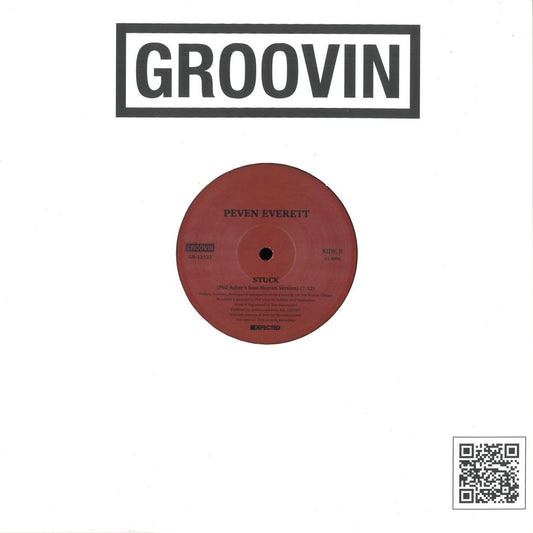 Contraportada del vinilo Peven Everett – Stuck, reedición 12" de Groovin Recordings con etiqueta central roja del lado B y código QR en la esquina inferior.