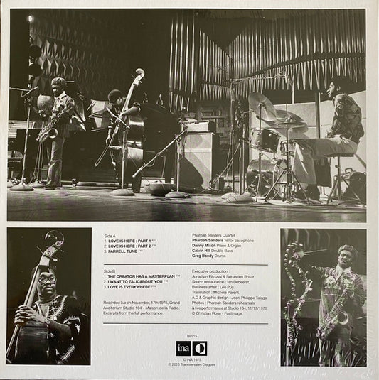 Contraportada del vinilo Pharoah Sanders – Live In Paris (1975) (Lost ORTF Recordings), con fotos, temas y créditos.