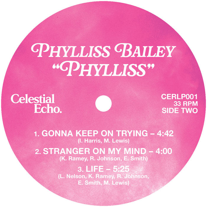 Etiqueta central lado B del vinilo Phylliss Bailey – Phylliss en rosa Celestial Echo con tres temas y créditos visibles.