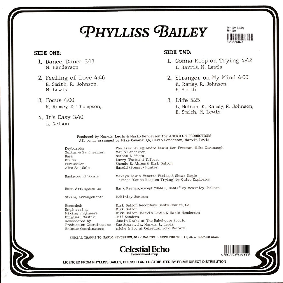 Contraportada del vinilo Phylliss Bailey – Phylliss mostrando listado de pistas, créditos y sello Celestial Echo en reedición LP.