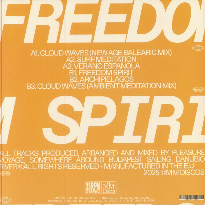 Contraportada del vinilo Pleasure Voyage – Freedom Spirit en MM Discos, lista de temas visibles y detalles de créditos en edición limitada 12".