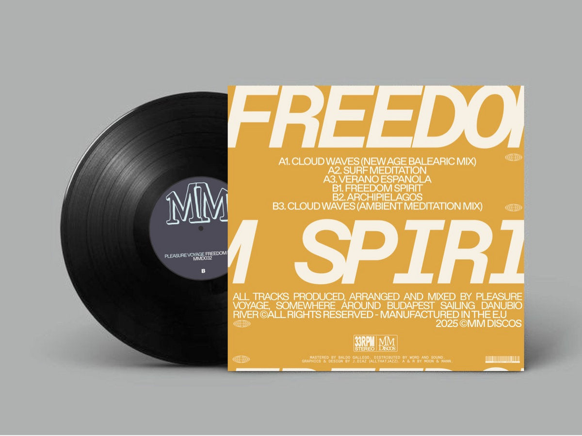 Vinilo Pleasure Voyage – Freedom Spirit lado B junto a contraportada naranja, mostrando lista de temas y créditos MM Discos edición limitada.