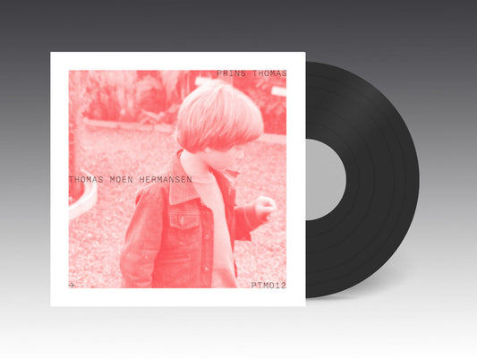 Vinilo LP Prins Thomas – Thomas Moen Hermansen junto a funda, disco negro parcialmente fuera sobre fondo neutro.