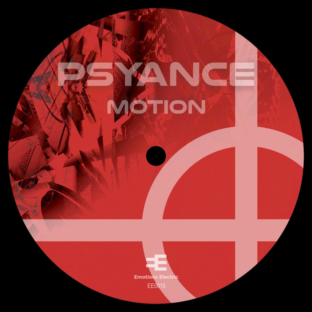 Etiqueta central lado A del vinilo Psyance – Motion en 12" reedición, con logo Emotions Electric y pistas A1 EQ y A2 Motion.