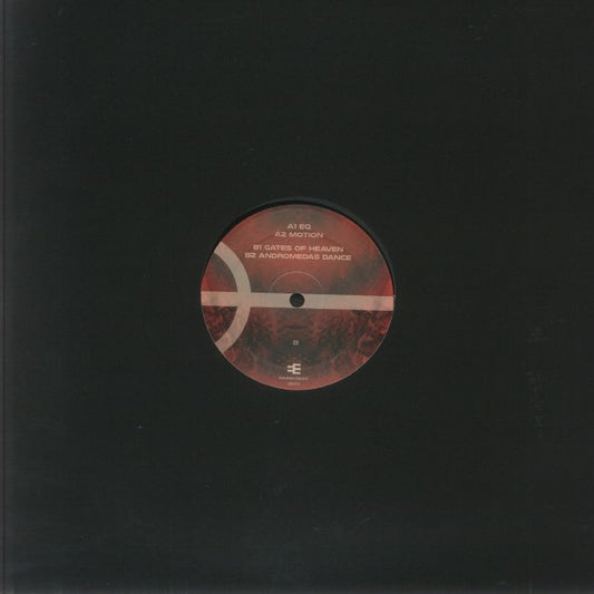 Contraportada del vinilo Psyance – Motion 12" reedición, mostrando la funda negra con etiqueta central y listado de pistas visibles.