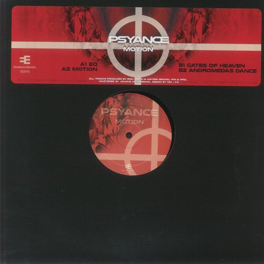 Portada del vinilo Psyance – Motion en formato 12" reedición, con funda negra y diseño rojo del sello Emotions Electric.