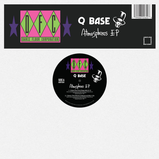 Portada delantera del vinilo de Q Base – Atmosphere EP publicado por el sello DFC. Texto impreso: incluye el logo DFC, el nombre del artista, título del EP, y código ADFCF001.