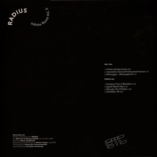 Contraportada del vinilo Radius – Infinite Roots Vol. 2 en formato LP de ETC Records, con listado completo de pistas y créditos visibles para diggers atentos.