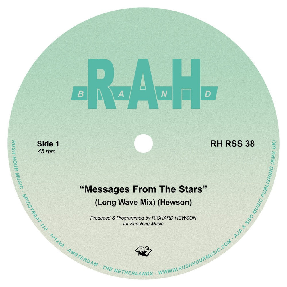 Etiqueta del lado A del vinilo "Messages From The Stars" de RAH Band, lanzado por Rush Hour en formato 12". Incluye el mix "Long Wave Mix" y créditos de producción.
