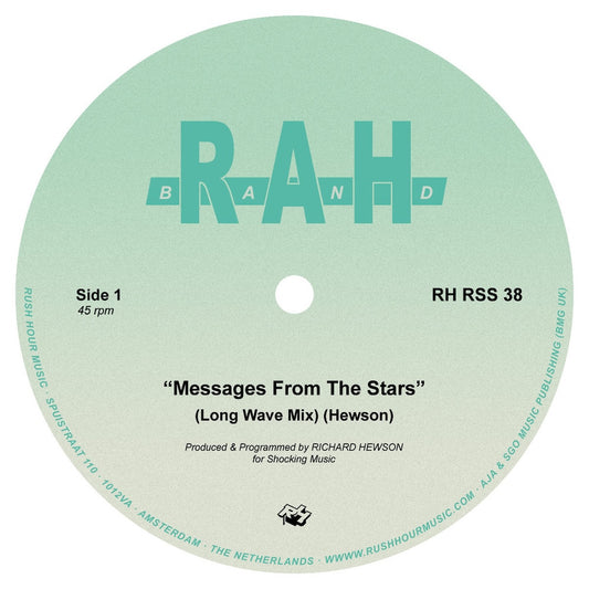 Etiqueta del lado A del vinilo "Messages From The Stars" de RAH Band, lanzado por Rush Hour en formato 12". Incluye el mix "Long Wave Mix" y créditos de producción.