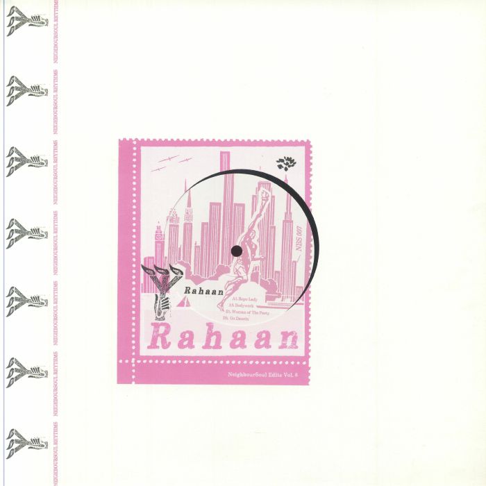 Portada delantera del vinilo Rahaan – Neighbourhood Soul Edits Vol.6, lanzado bajo el sello Neighboursoul Rhythms en edición limitada de 12". Diseño en tonos rosados con ilustración de una ciudad y el tracklist impreso.