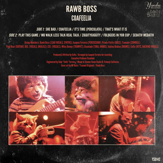 Contraportada del vinilo Rawb Boss – Coafeelia con créditos completos, lista de pistas, y fotos de los músicos con máscaras felinas en estilo retro.