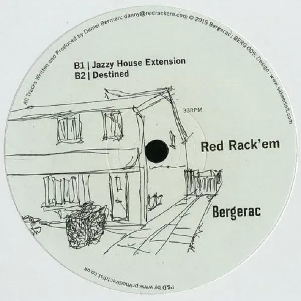 Contraportada del vinilo Red Rack'em – Wonky Bassline Disco Banger, editado por Bergerac en 12". Incluye ilustración, sello y lista de pistas.