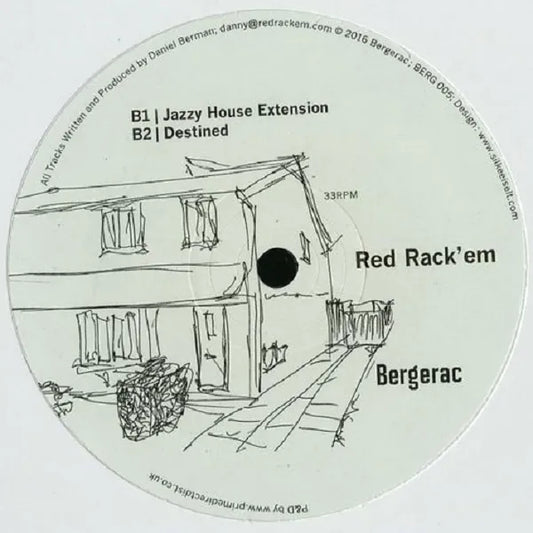 Contraportada del vinilo Red Rack'em – Wonky Bassline Disco Banger, editado por Bergerac en 12". Incluye ilustración, sello y lista de pistas.
