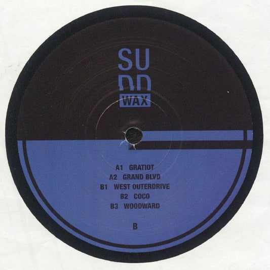 Etiqueta del lado B del vinilo Reggie Dokes – Electronic Dreams (2025 Revision) en formato 12" EP del sello Sudd WAX, mostrando la lista de pistas como “Gratiot”, “Coco” y “Woodward” sobre fondo azul oscuro minimalista.