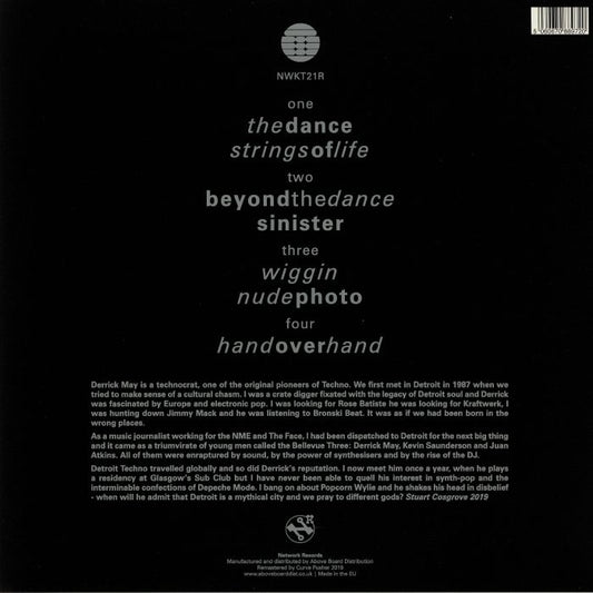 Contraportada del vinilo Rhythim Is Rhythim – Innovator mostrando listado de temas, créditos y texto editorial en diseño minimalista del sello Network Records.