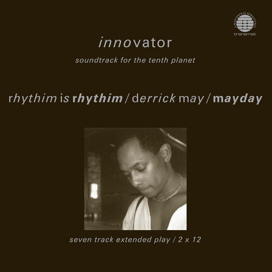 Portada del vinilo Rhythim Is Rhythim – Innovator con foto de Derrick May y estética sobria en negro, editado por Network Records como compilación 2x12" remasterizada en 180 g.