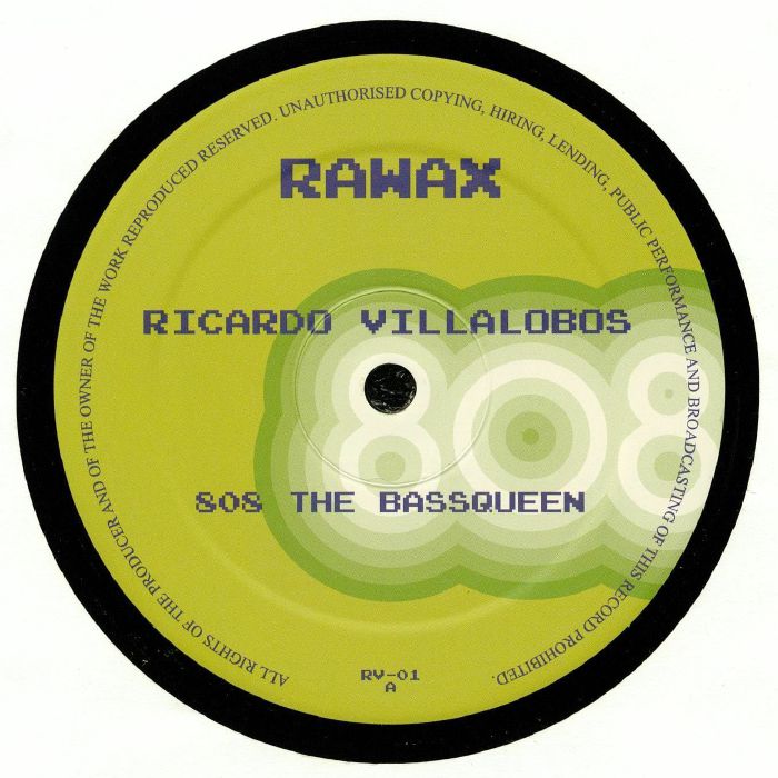 Portada delantera del vinilo Ricardo Villalobos – 808 The Bassqueen, lanzado por Rawax en formato 12". Diseño minimalista con estética clásica.
