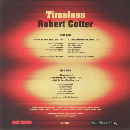 Contraportada de vinilo Robert Cotter – Timeless con tracklist, créditos y diseño degradado rojo, reedición LP sello Best Record Italy