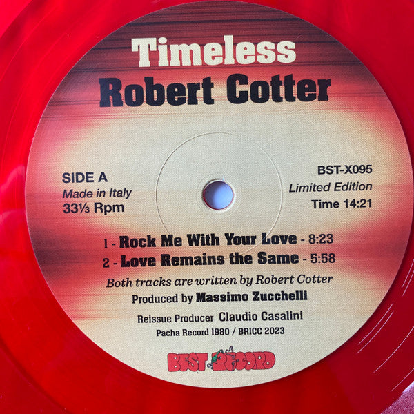 Lado A de vinilo Robert Cotter – Timeless en color rojo, etiqueta central con pistas, duración y créditos, reedición LP 33 rpm