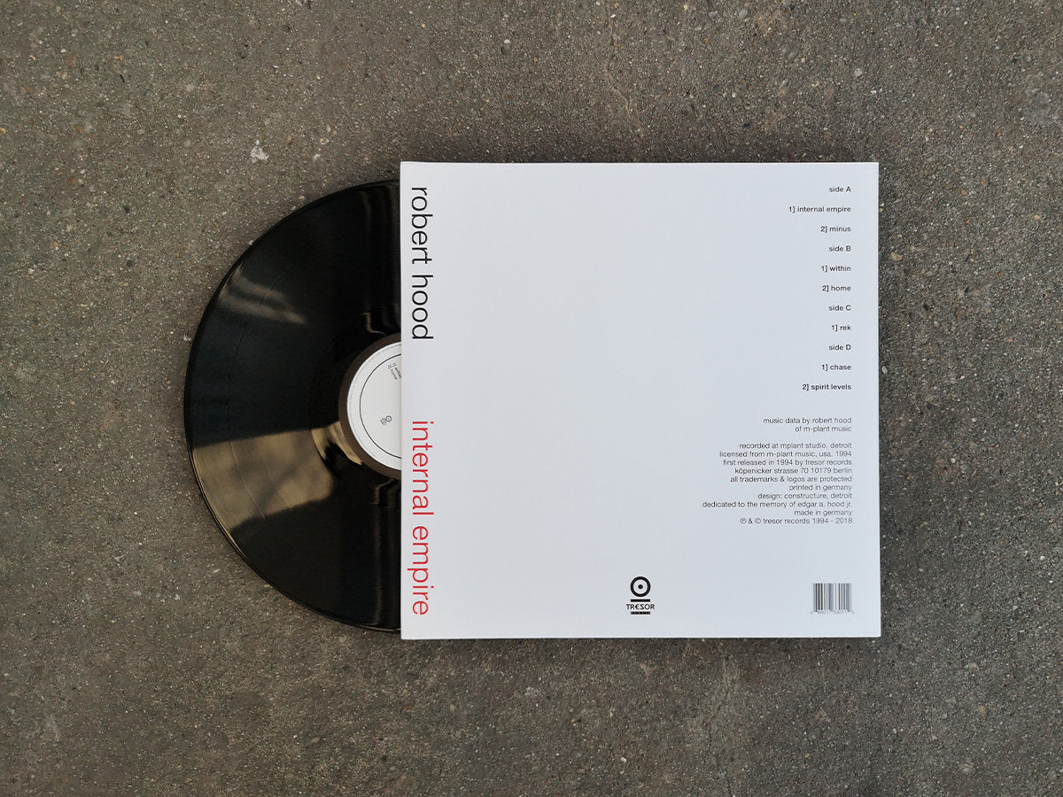 Lado B del vinilo Robert Hood – Internal Empire visible sobre superficie plana, junto a contraportada con créditos.
