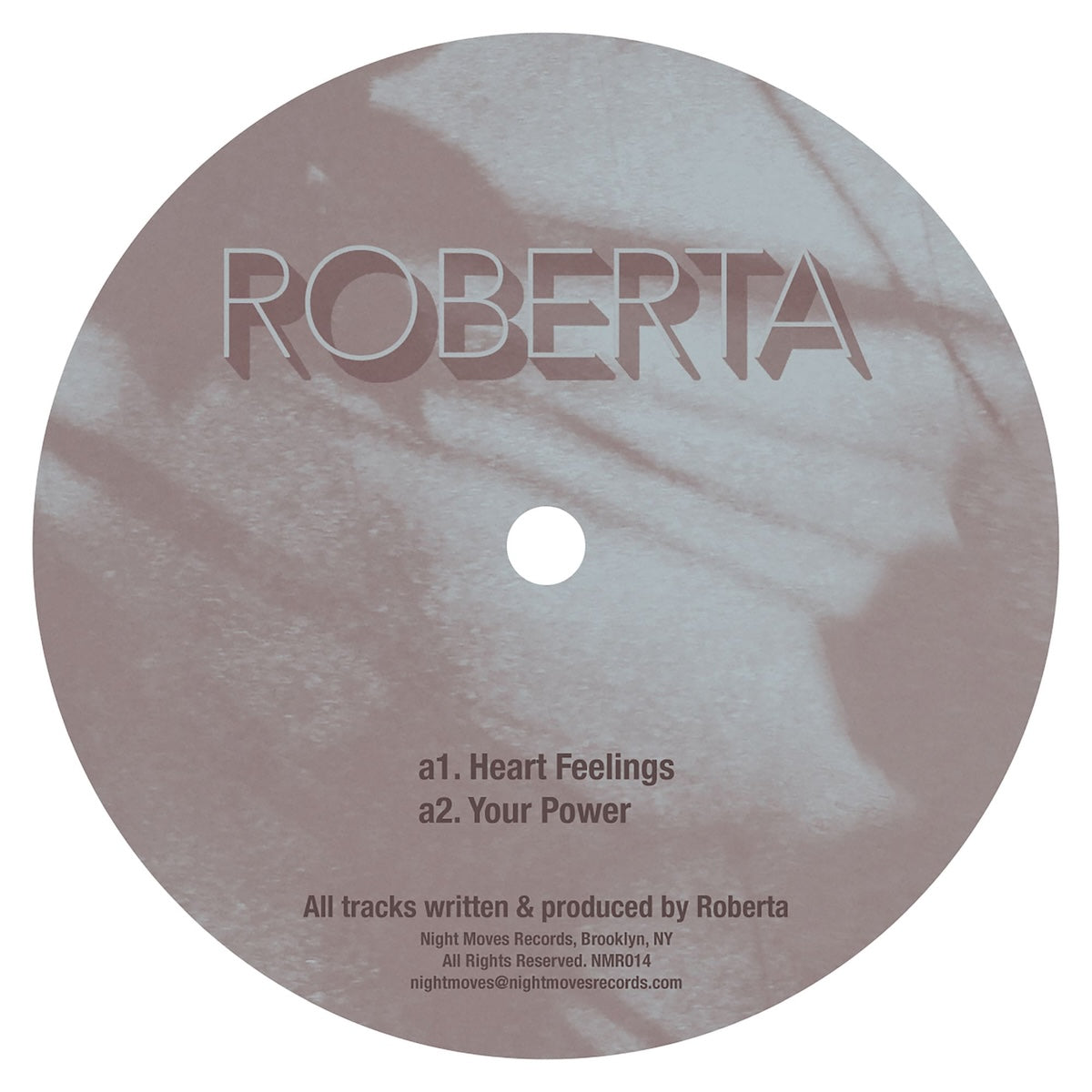 Etiqueta central lado A del vinilo Roberta – Heart Feelings 12'' con pistas 'Heart Feelings' y 'Your Power' en Night Moves Records.
