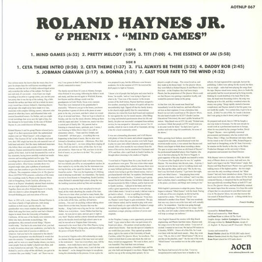 Contraportada del vinilo Roland Haynes Jr. & Phenix – Mind Games LP con listado de pistas y créditos en Athens Of The North.