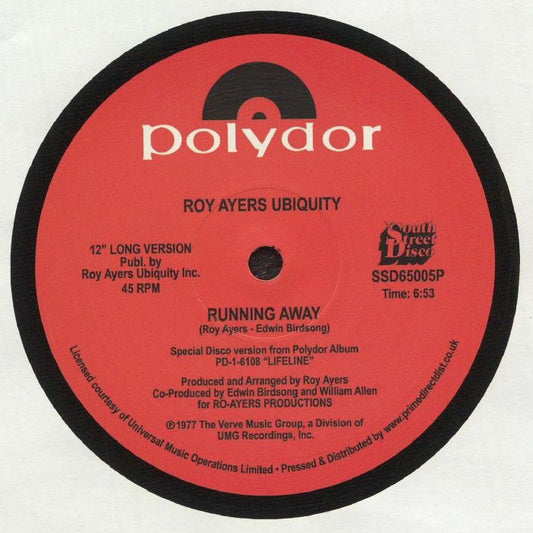 Portada delantera del vinilo “Running Away / Love Will Bring Us Back Together” de Roy Ayers Ubiquity, publicado por South Street Disco en formato 12".