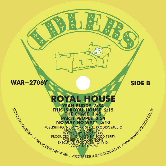 Etiqueta central lado B del vinilo Royal House – Can You Party?, con títulos como Yeah Buddy y Party People, créditos de producción claramente visibles.