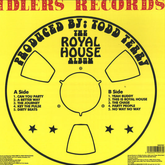 Contraportada del vinilo Royal House – Can You Party? en Warlock Records, listado de pistas lados A y B impreso en diseño amarillo con carrete.
