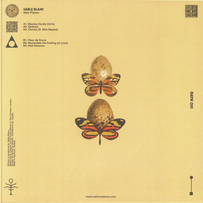 Portada trasera del vinilo "New Places" de Sable Blanc, lanzado por Oath en edición limitada 12". Lista de canciones, créditos y arte minimalista con mariposas y huevos.