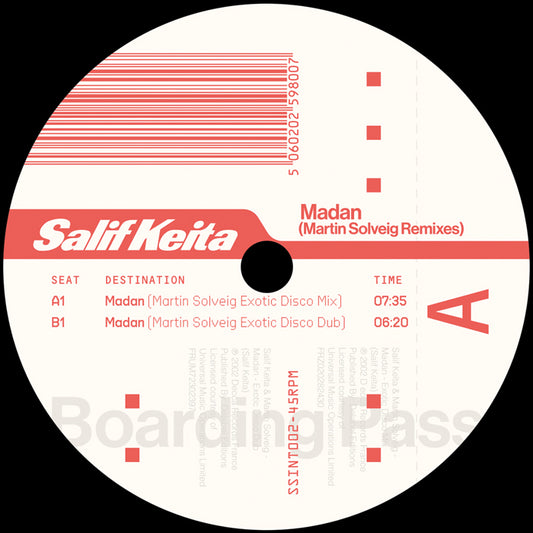 Etiqueta del lado A del vinilo con dos mezclas de Madan. Salif Keita – Madan (Martin Solveig Remixes), publicado por South Street International en formato 12", reedición.