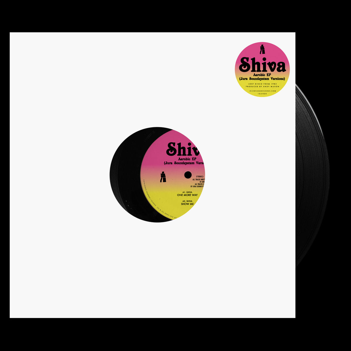 Funda blanca minimalista con vinilo 12" Shiva – Aerobic EP (Jura Soundsystem Versions) de Isle Of Jura asomando.