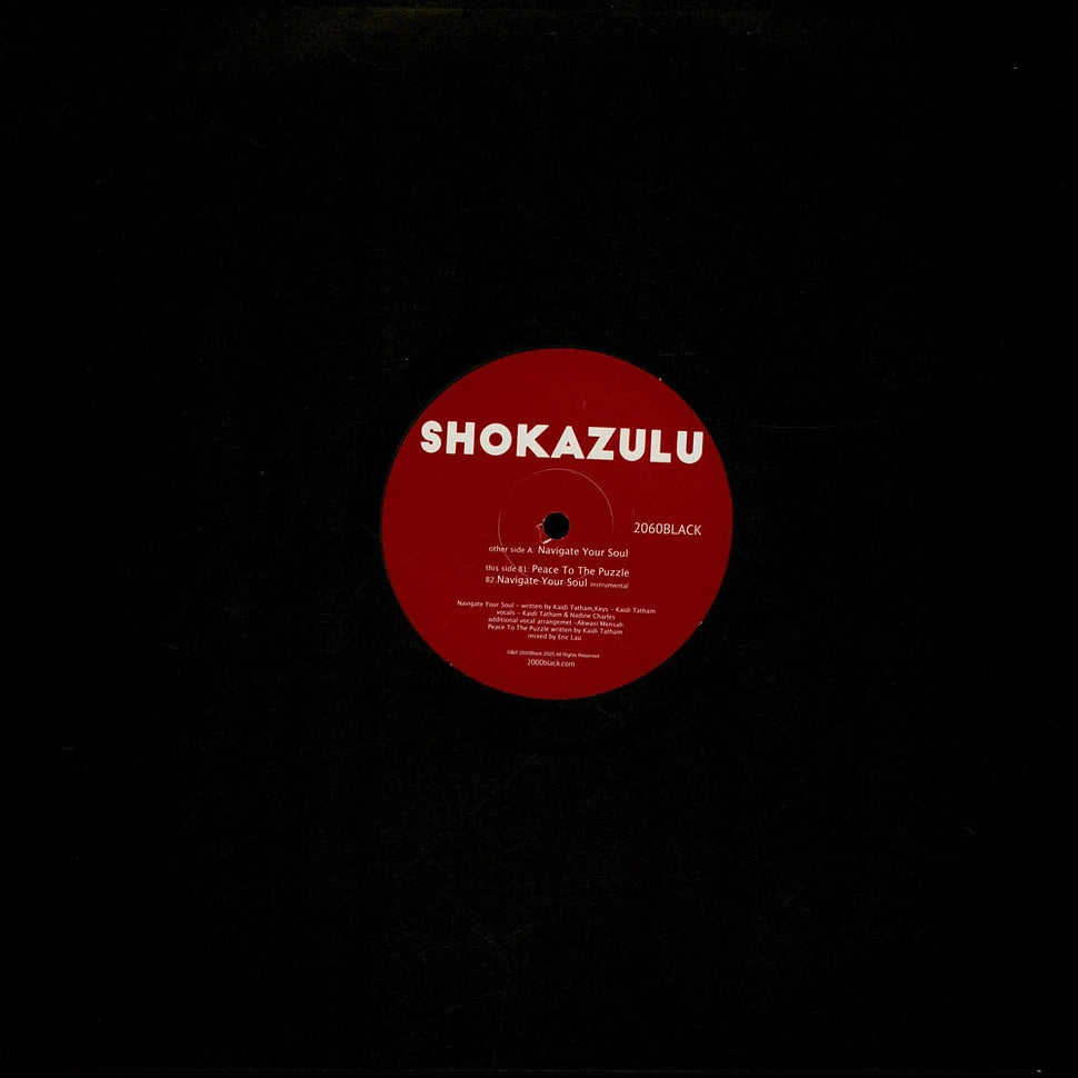 Contraportada del vinilo Shokazulu – Navigate Your Soul / Peace To The Puzzle con créditos, catálogo 2060BLACK y sello 2000 Black.