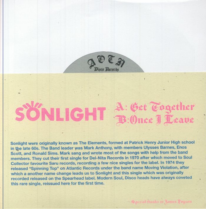 Portada trasera del vinilo Sonlight – Get Together, editado por Athens Of The North en 7". Incluye la lista de canciones, créditos de la banda y detalles del lanzamiento.