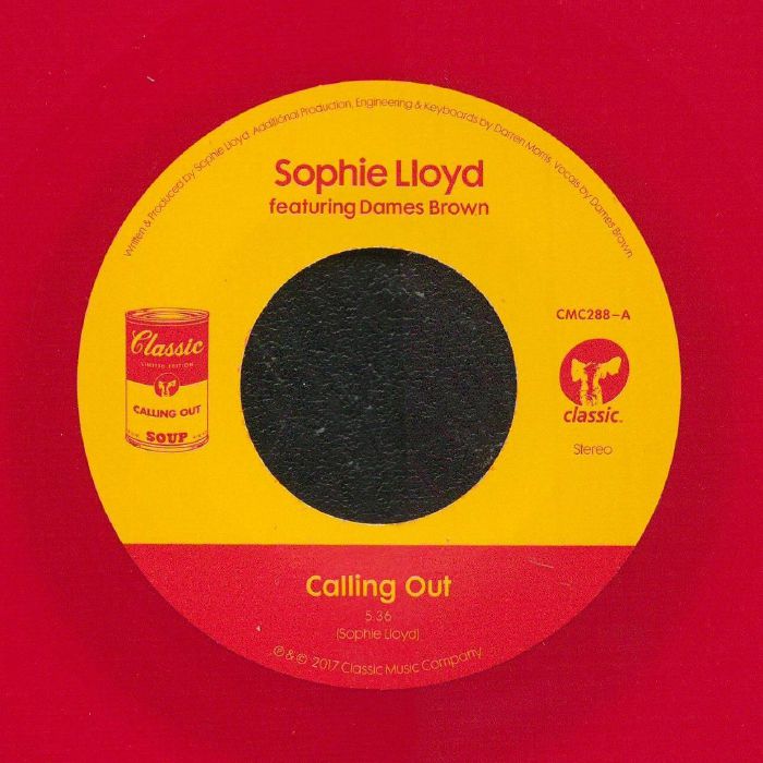Lado A del vinilo rojo de 7" de Sophie Lloyd con Dames Brown, lanzado por el sello Classic. Texto impreso: "Calling Out – Original Mix".