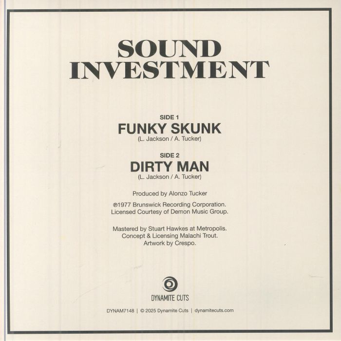 Portada trasera del vinilo Sound Investment – Funky Skunk editado por Dynamite Cuts. Incluye lista de canciones, créditos y año 1977.