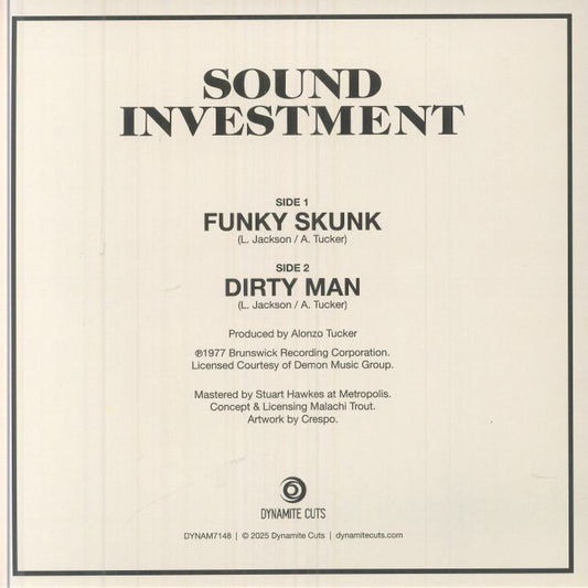 Portada trasera del vinilo Sound Investment – Funky Skunk editado por Dynamite Cuts. Incluye lista de canciones, créditos y año 1977.