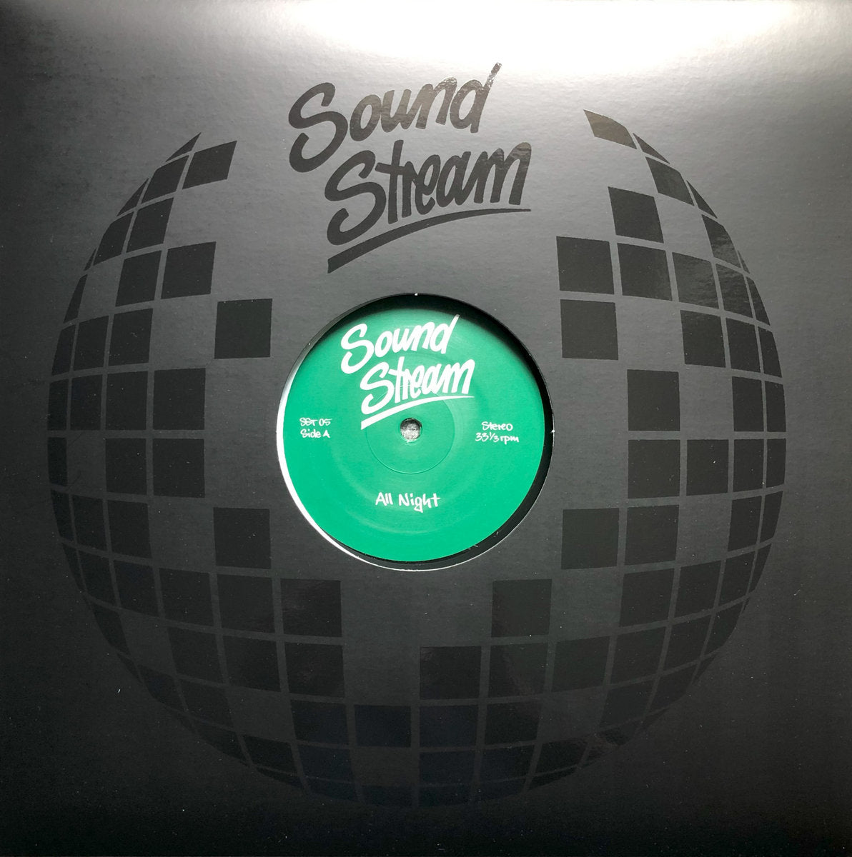 Portada de vinilo Sound Stream – All Night, funda negra con diseño geométrico tipo globo y logo Sound Stream en grande, reedición 12".