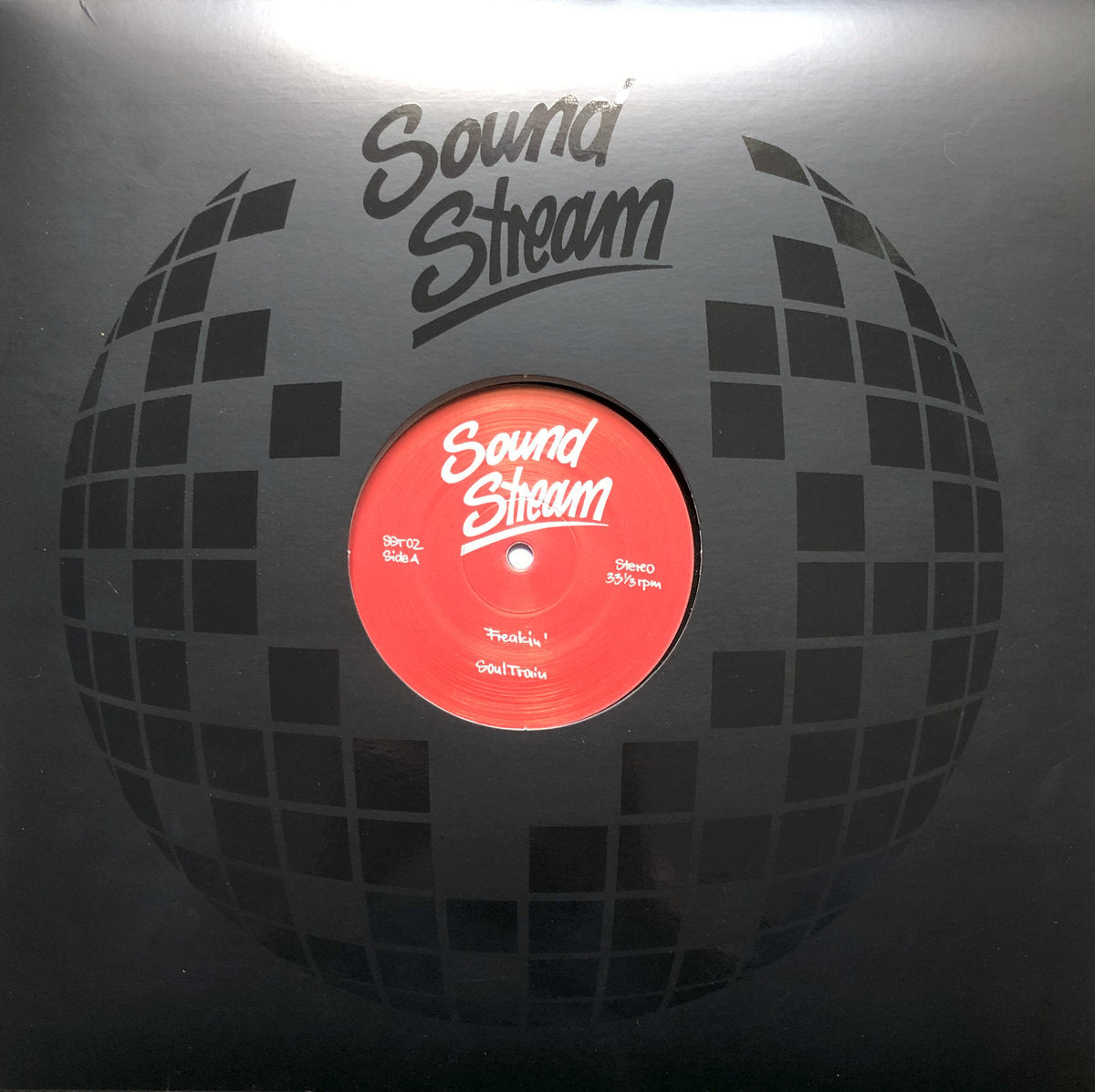 Portada del vinilo Sound Stream – Freakin' con logo del sello y arte disco en acabado negro brillante, formato 12", reimpresión.