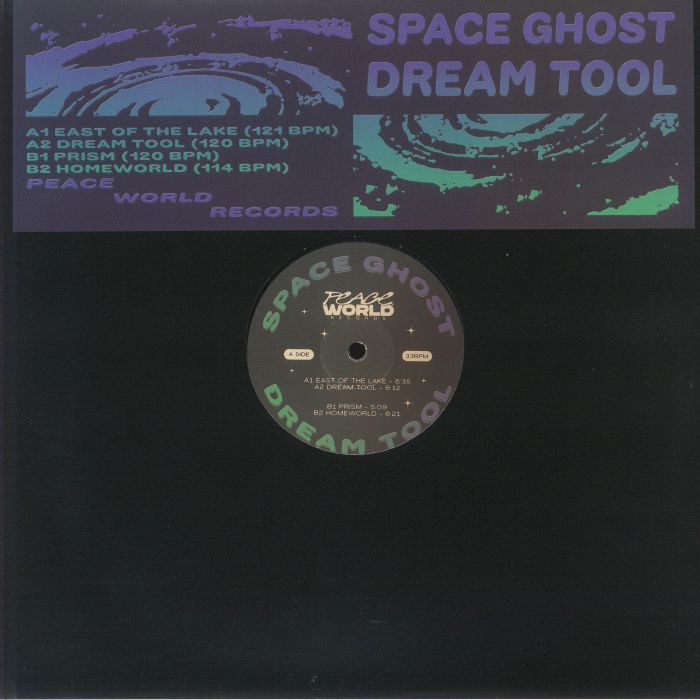 Portada del vinilo Space Ghost – Dream Tool, lanzado por Peace World Records. Edición limitada en 12”. Diseño futurista con colores vibrantes y tipografía retro.