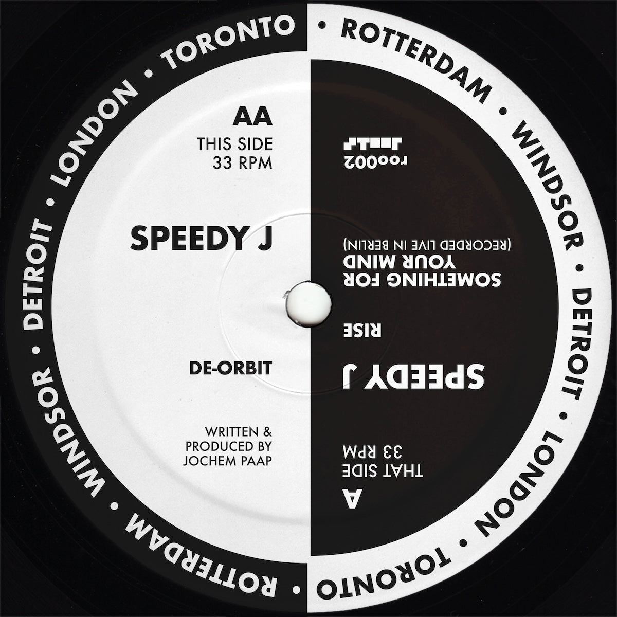Lado A del vinilo Speedy J – Rise, publicado por el sello Roots en formato 12", reedición. Texto impreso: “That Side”, 33 RPM, “Something for Your Mind” (grabado en vivo en Berlín), “Rise”, créditos a Speedy J.