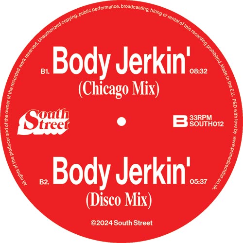 Alt: Etiqueta central lado B del vinilo 12" Stacy Kidd Feat. Peven Everett – Body Jerkin', del sello South Street, mostrando las mezclas Chicago Mix y Disco Mix con duraciones y arte rojo clásico.