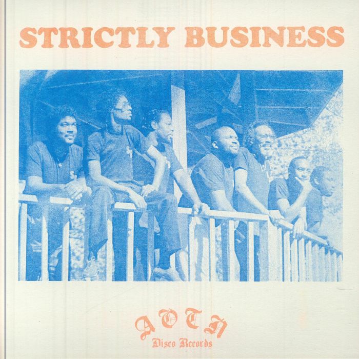 Portada del vinilo Strictly Business – Strictly Business con foto grupal en azul y tipografía retro del sello Athens Of The North.
