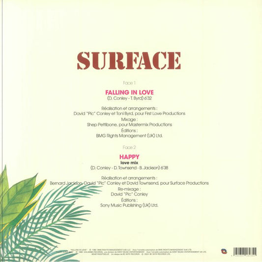 Contraportada del sencillo en vinilo, "Falling In Love" de Surface, lanzado bajo el sello Be With Records. Incluye créditos y listado de pistas en vinilo.