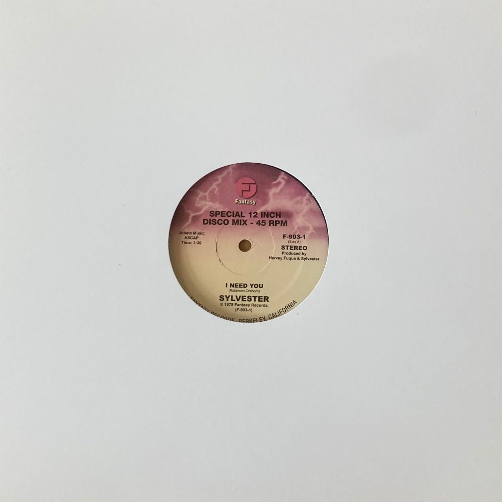 Portada delantera del vinilo Sylvester – I Need You del sello Fantasy en formato 12". Edición con centro visible.