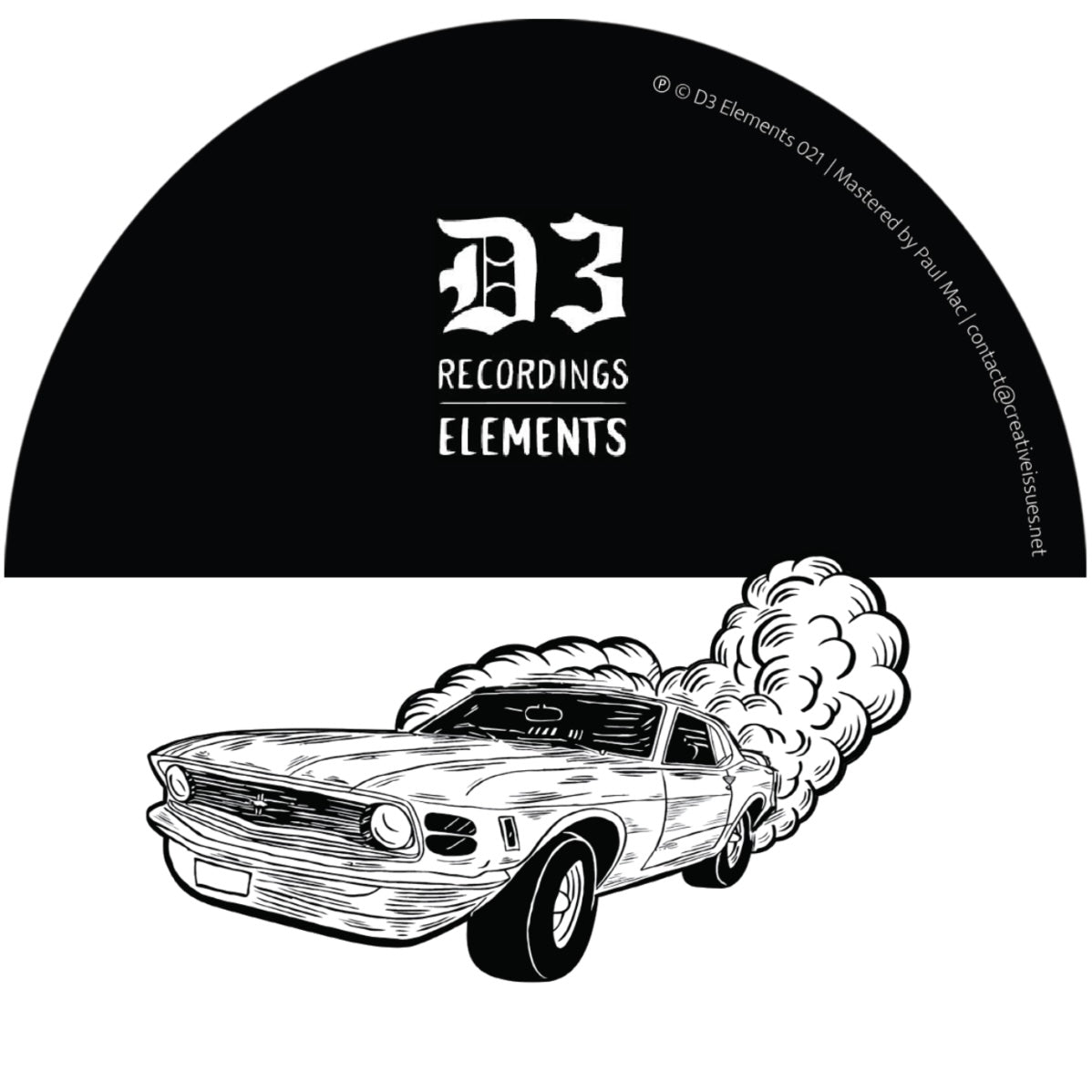 Etiqueta del lado opuesto del vinilo Synchrojack – Sugarhouse en D3 Elements 12", con logotipo del sello, información de masterización y el mismo coche ilustrado echando humo.