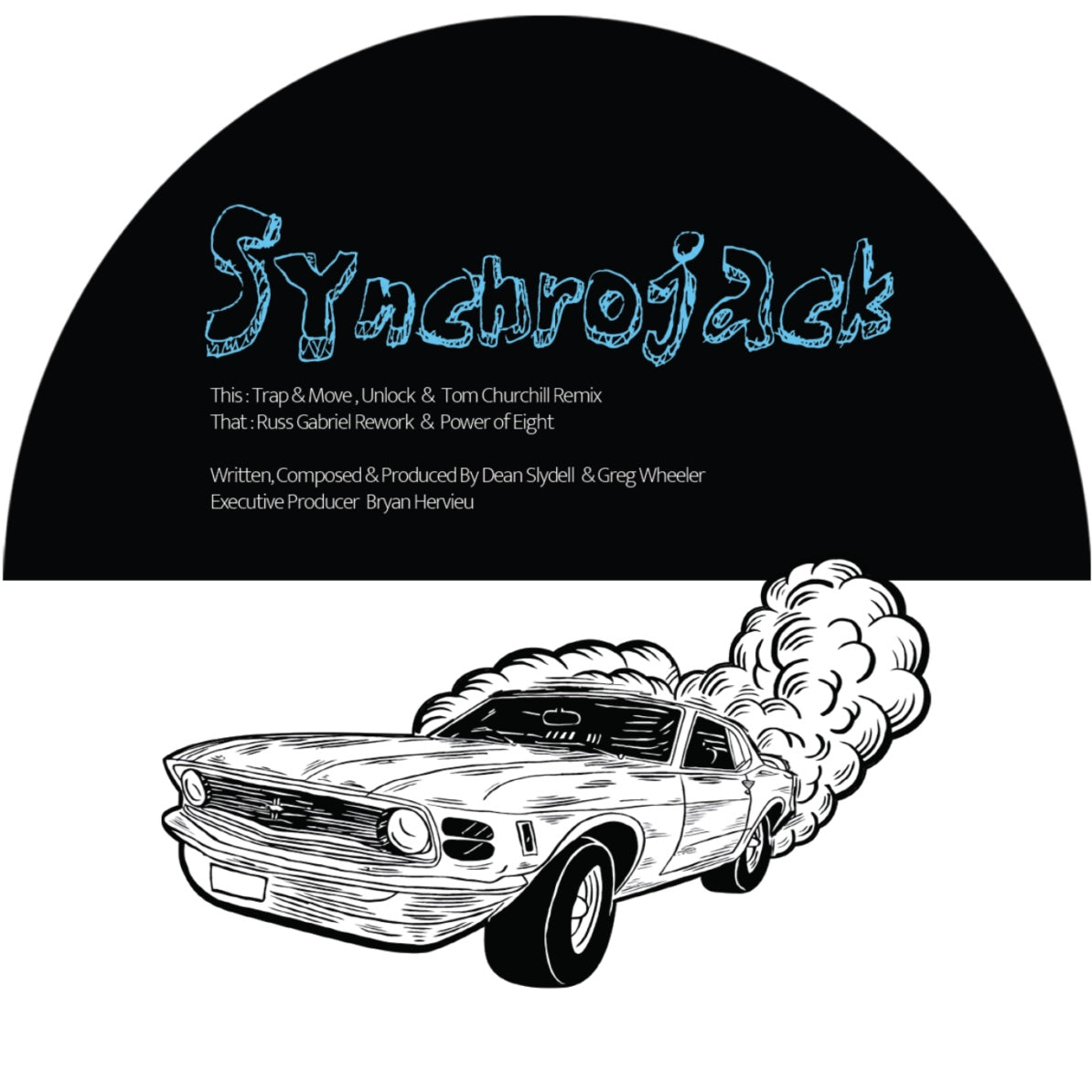 Etiqueta central del vinilo Synchrojack – Sugarhouse en el sello D3 Elements, con fondo negro semicircular, créditos de producción y dibujo detallado de un muscle car derrapando.