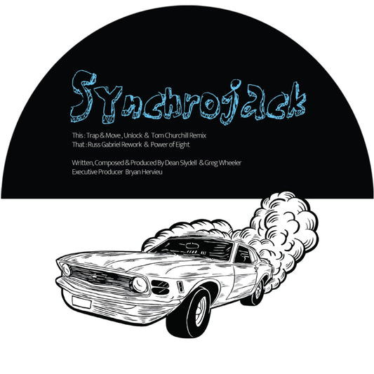 Etiqueta central del vinilo Synchrojack – Sugarhouse en el sello D3 Elements, con fondo negro semicircular, créditos de producción y dibujo detallado de un muscle car derrapando.