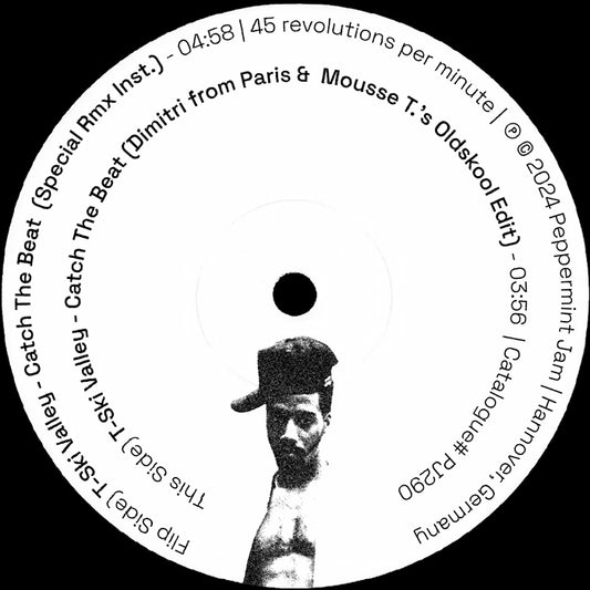 Vinilo 7" 45 RPM de T-Ski Valley – Catch The Beat en Peppermint Jam, lado A con duración y créditos visibles en etiqueta central.